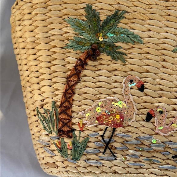 Tropical Woven Tote Bag with Sequined Flamingo Palm Tree Design - Picture 2 of 16